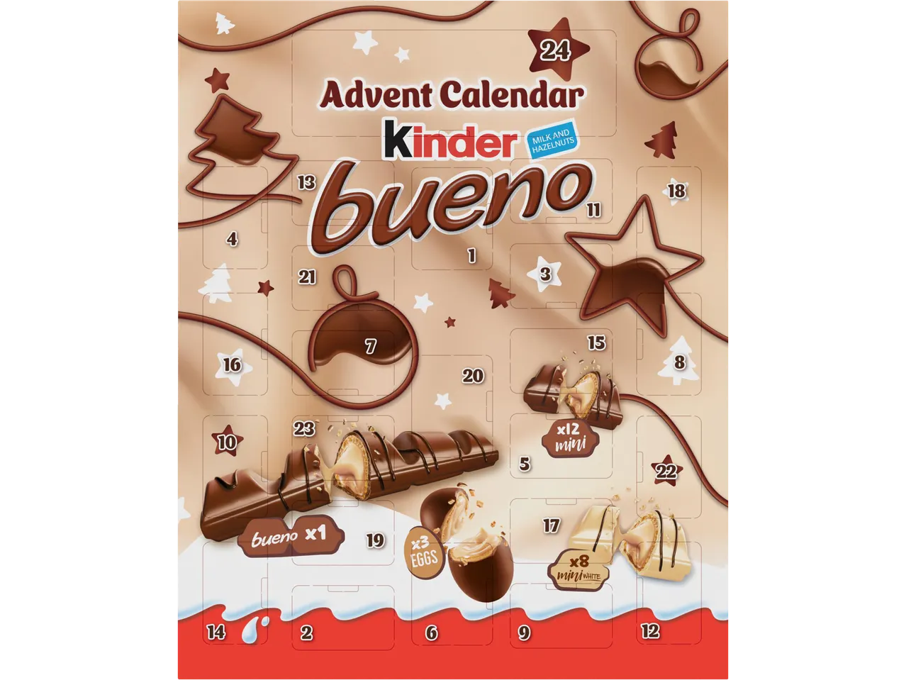 Kinder Bueno Advent Calendar with various Kinder chocolates and mini eggs.