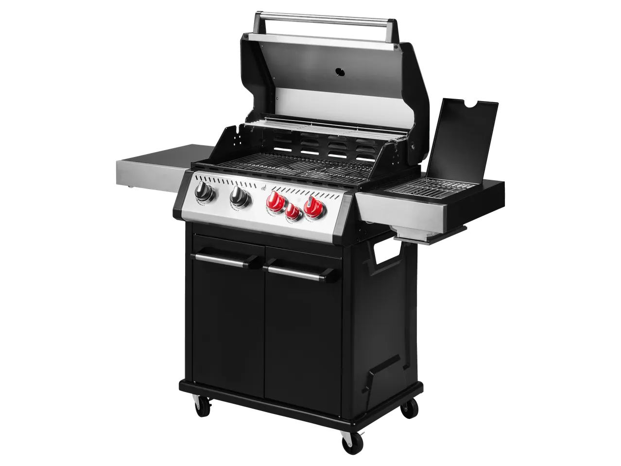 Grătar pe gaz negru cu capac deschis, blaturi laterale argintii și butoane de control roșii.