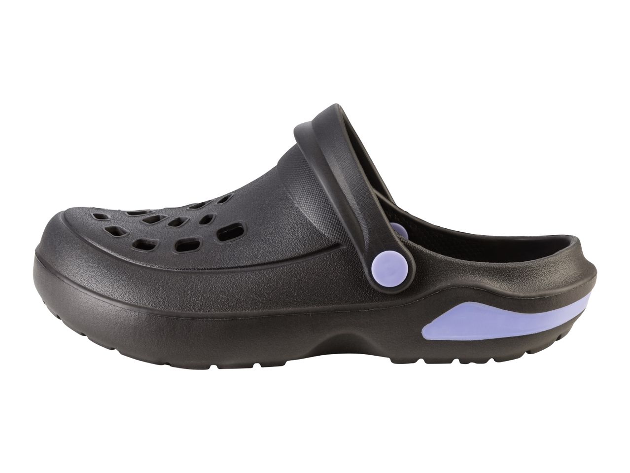 Black Crocs-style clogs with a purple accent on the sole.