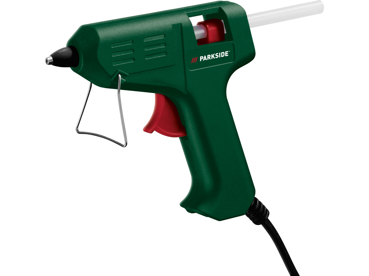 Roheline kuumliimipüstol punase päästiku ja valge liimipulgaga.