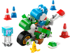 Lego Super Mario Yoshi's Island Race set with blue Yoshi on a green motorcycle, cones, and a question block.