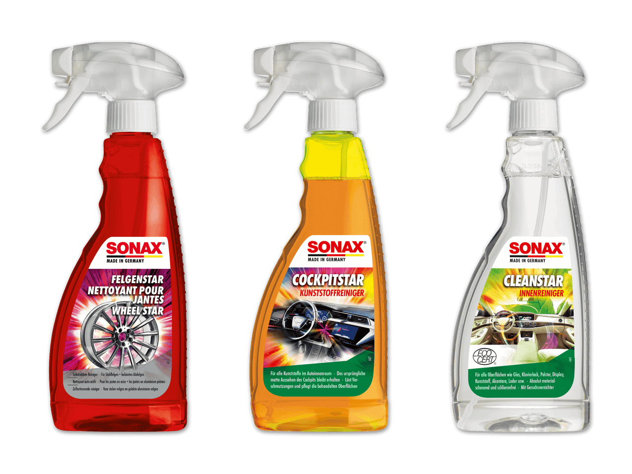Sonax-Reinigungsmittel für Felgen, Motorraum und Innenraum.