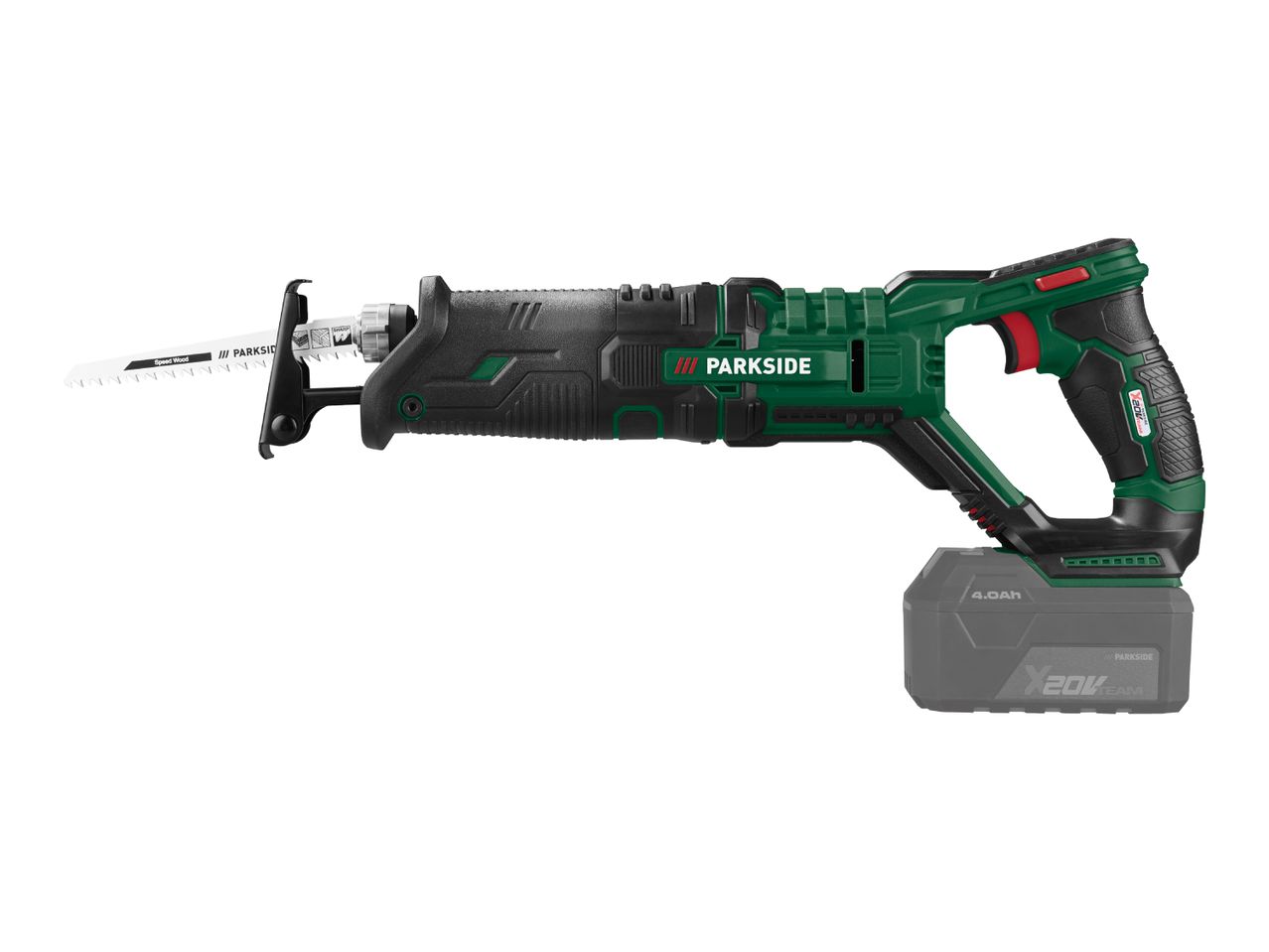 Cordless reciprocating saw with a battery pack and a wood cutting blade