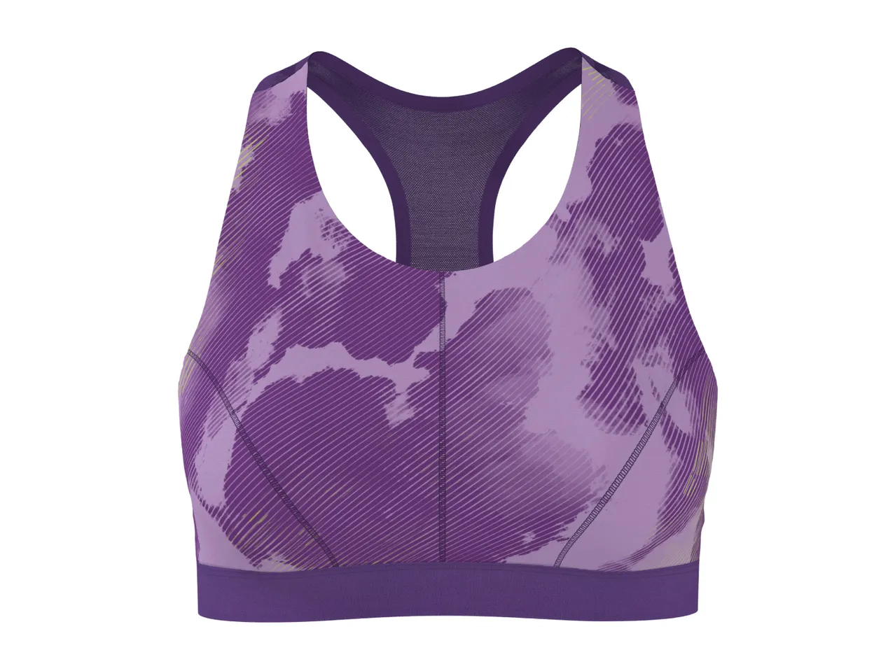 Purple patterned sports bra with a racerback design.