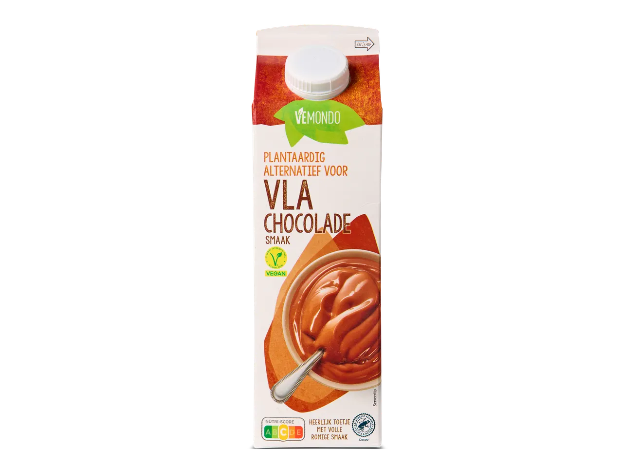 Plantaardige chocoladevla in een pak, met een Nutri-Score A en een veganistisch keurmerk.