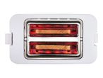 White toaster with two slices of bread toasting inside, glowing red heating elements visible.