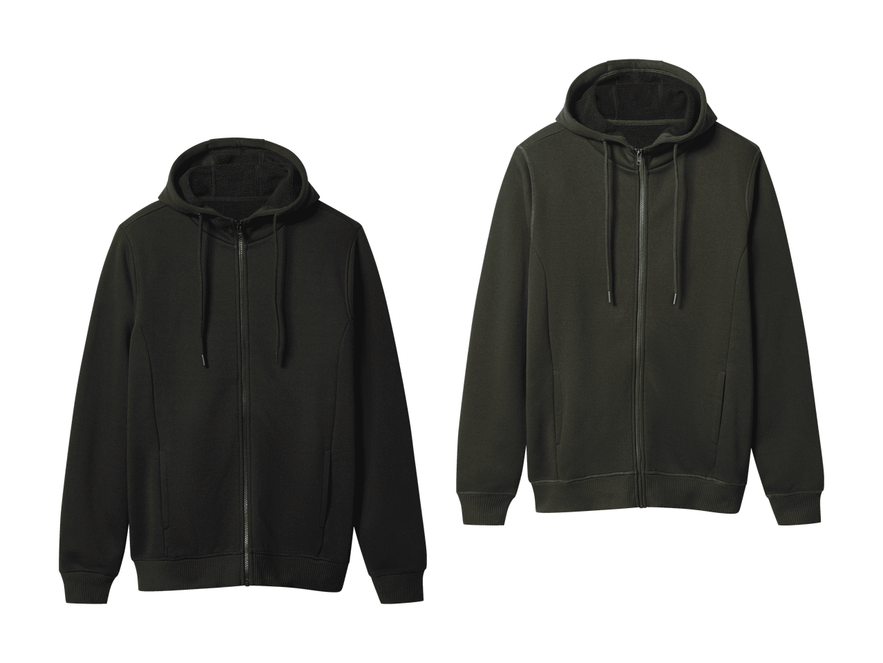 Zwei Kapuzenpullover mit Reißverschluss, einer schwarz und einer dunkelgrün, auf grünem Hintergrund.