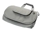 A grey toiletry bag with a zipper and a handle, isolated on a white background.