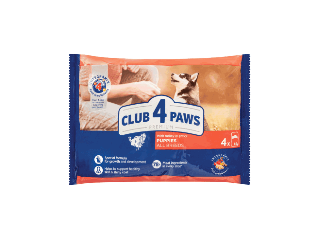 Club 4 Paws Premium šunų maistas šuniukams su kalakutiena padaže, 4x85g pakuotė.