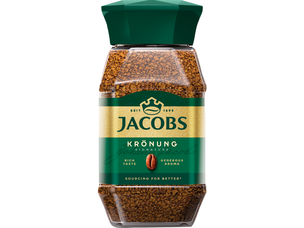 JACOBS Krönung lahustuv kohv rohelise kaane ja etiketiga purgis, lubades rikkalikku maitset ja heldet aroomi.