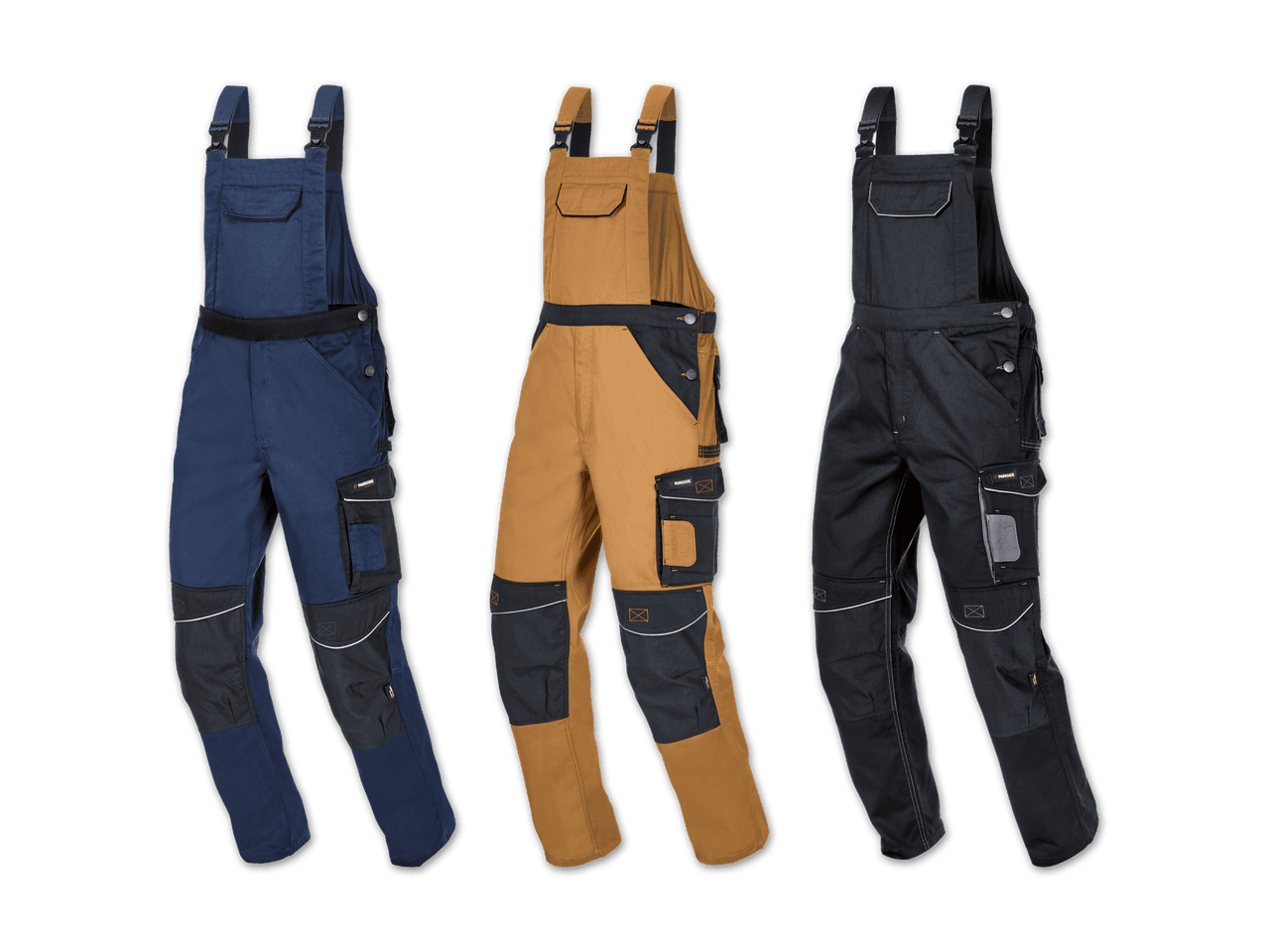 Drei Arbeitshosen in verschiedenen Farben: dunkelblau, beige und schwarz.
