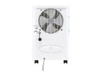 Rear view of a white mobile air conditioner with a fan, hose, and power cord