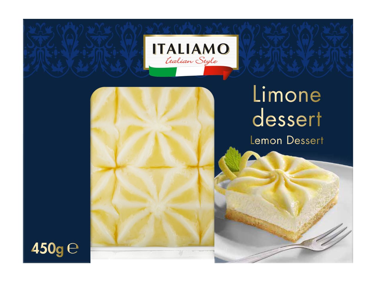 Lemon dessert packaging with a block of dessert and a slice on a plate.