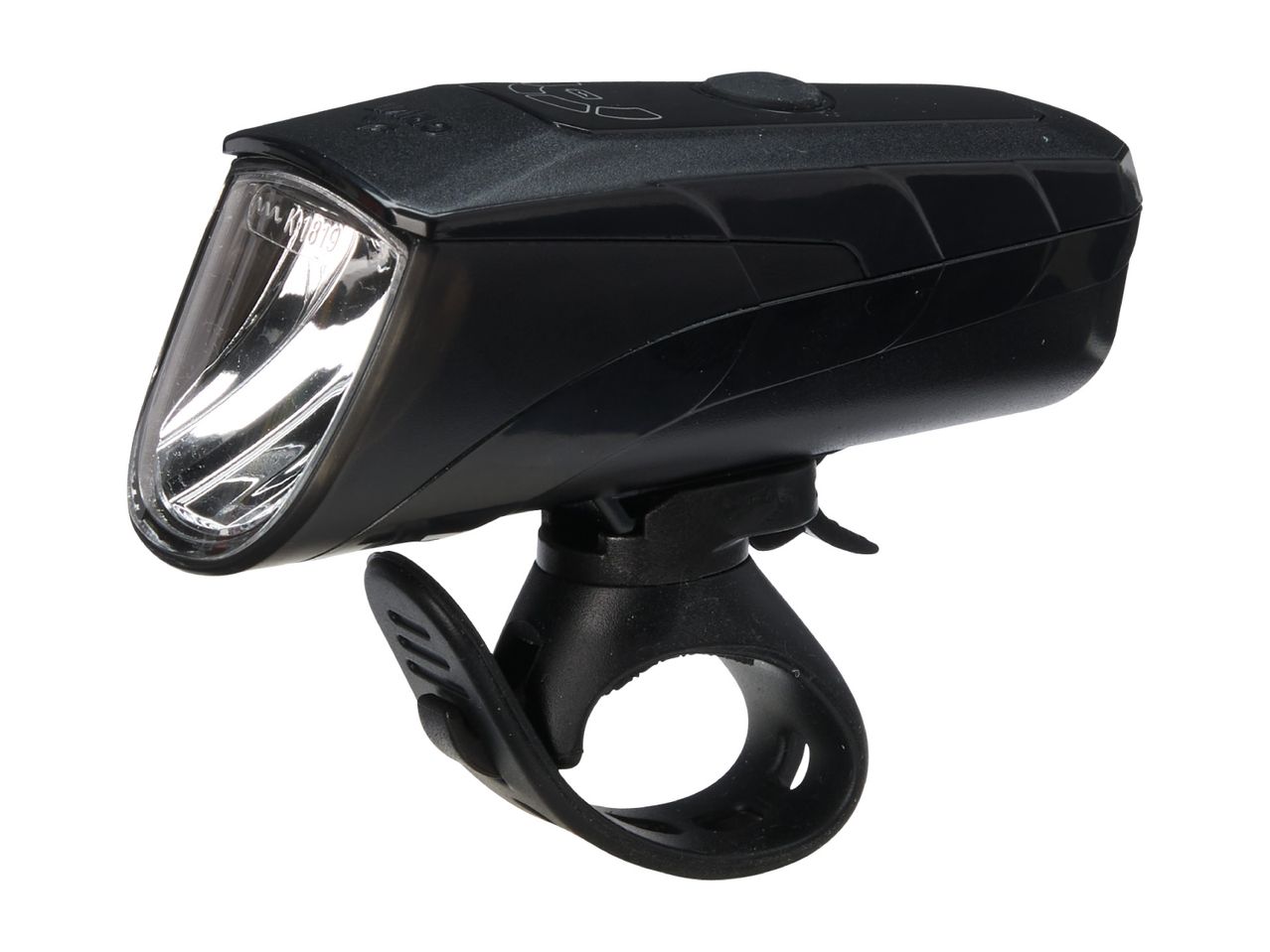 Black bicycle headlight with a clear lens and a flexible mounting strap.