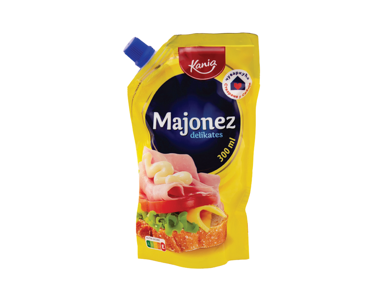 Kania Majonez delikates u žutoj kesici sa sendvičem i Nutri-Score oznakom.