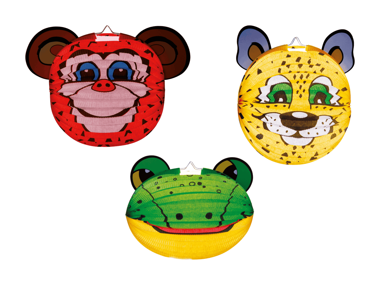 Drei Papierlaternen in Form von Tierköpfen: ein roter Affe, ein gelber Leopard und ein grüner Frosch.