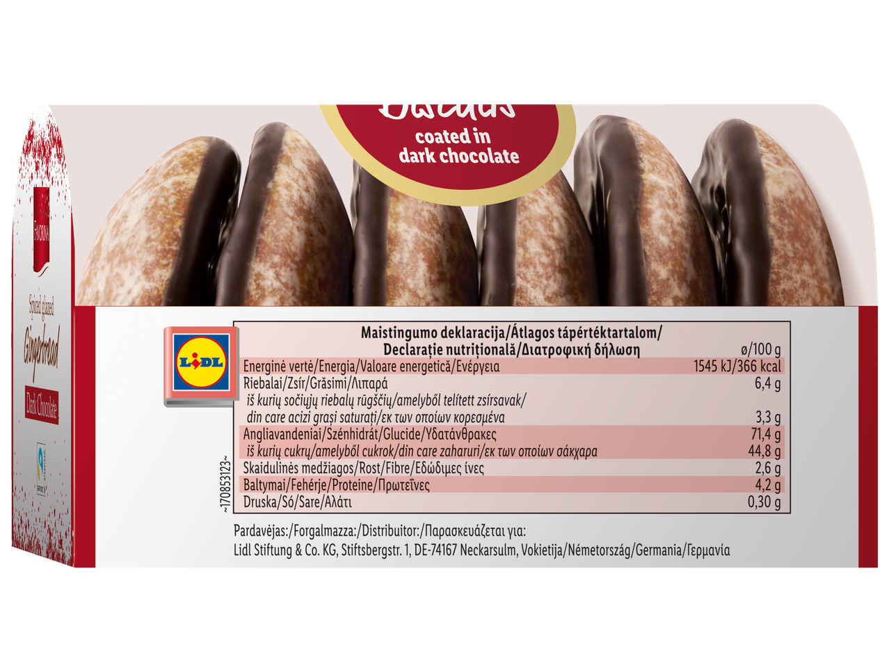 Favorina meduoliai, padengti juoduoju šokoladu, su maistine informacija.