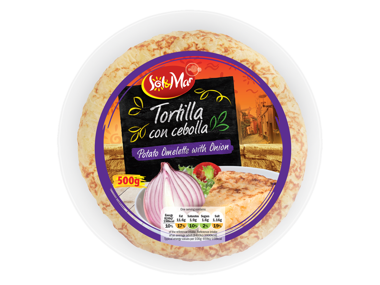 Sol & Mar Spanish Tortilla with Onion, 500g, with nutritional information.