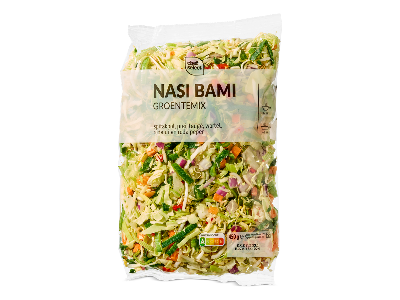 Een zak nasi bami groentemix met spitskool, prei, taugé, wortel, rode ui en rode peper.