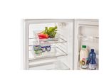 Fridge interior with vegetables, Milbona dairy products, and bottled drinks in clear organizers.