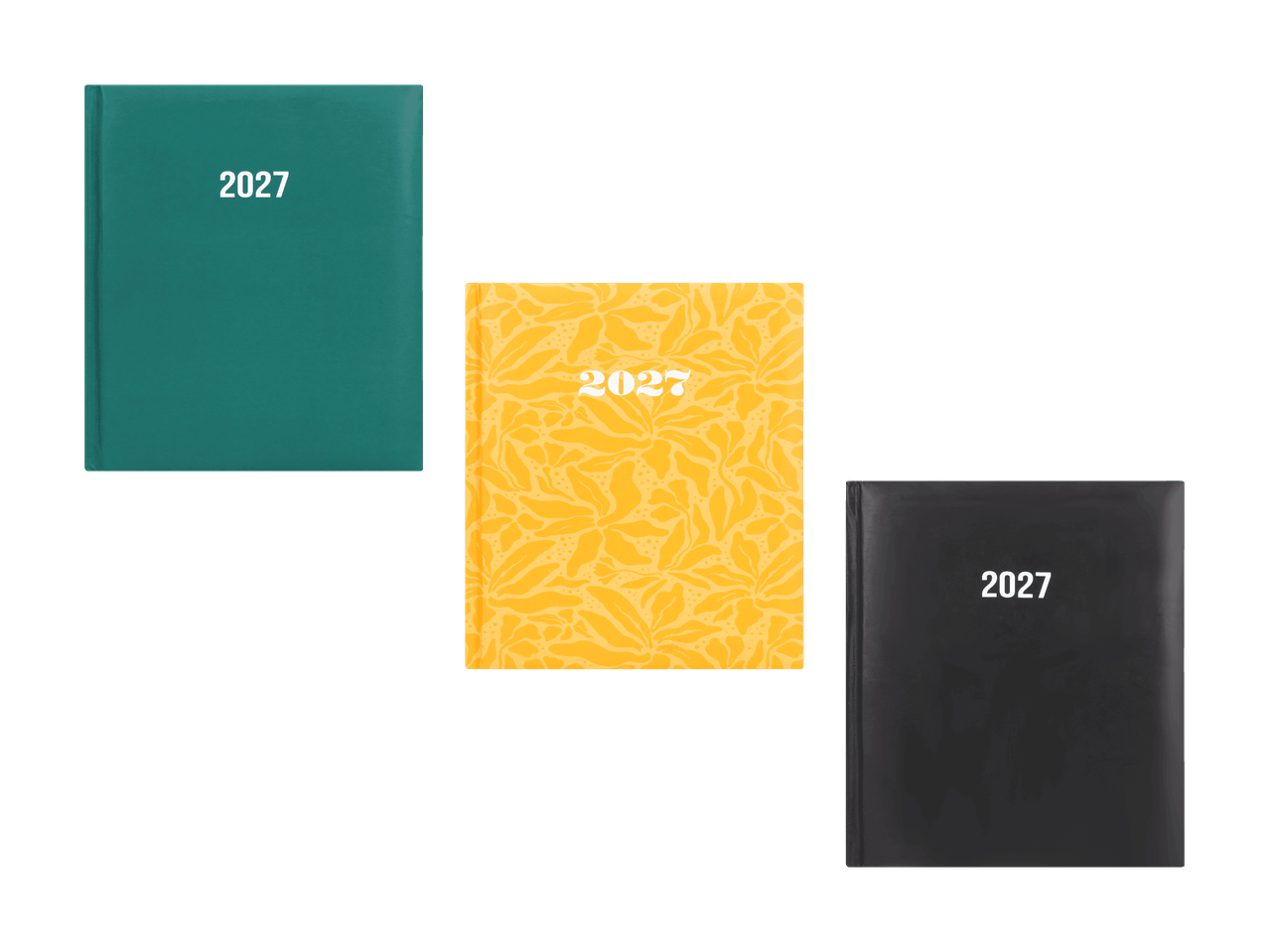 Trois agendas 2027 : un vert, un jaune à motifs floraux et un noir.