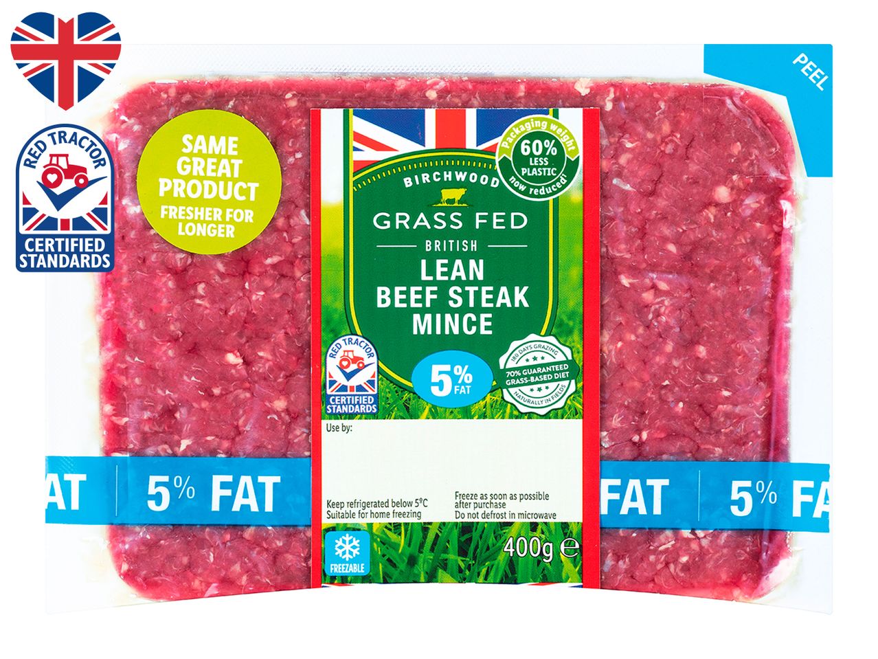 Birchwood lean beef steak mince, 5% fat, Red Tractor certified.