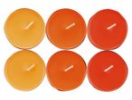 Six round tea light candles in shades of orange and red.