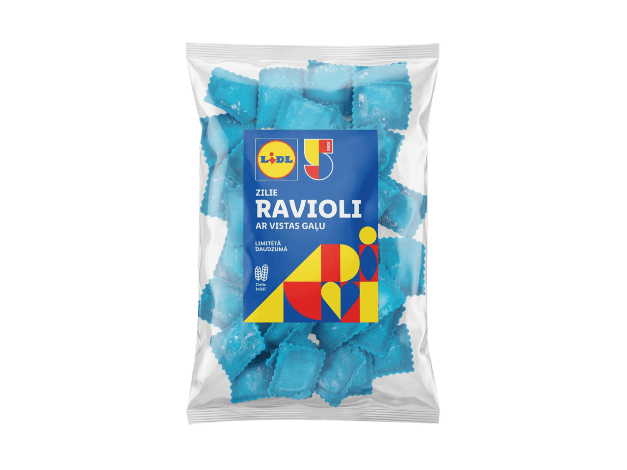 Zilu ravioli iepakojums ar vistas gaļu, ierobežota daudzuma izdevums.