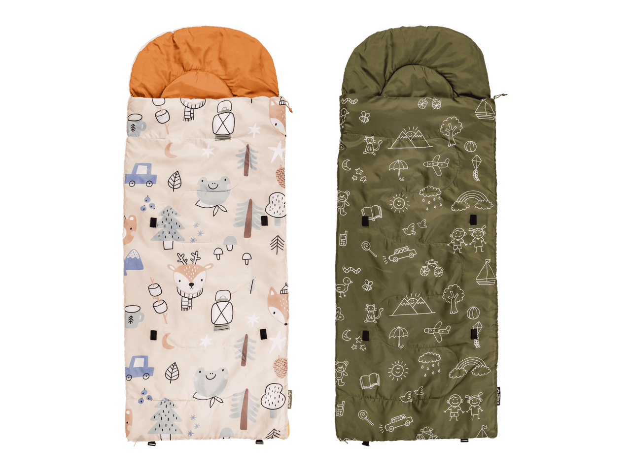 Kaksi lasten makuupussia, toisessa metsäneläinkuvioita ja toisessa leikkisiä piirroksia.