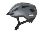 Grey bicycle helmet with a visor, vents, and reflective elements.
