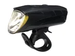 Black bicycle headlight with a clear lens and a rubber mounting strap.