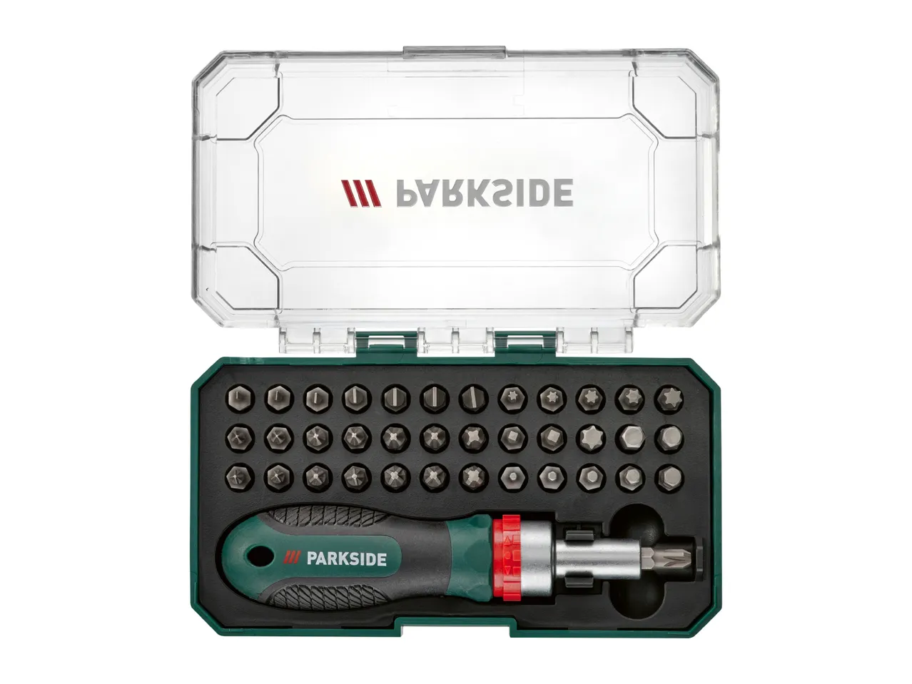 Parkside screwdriver bit set with a clear case and green base