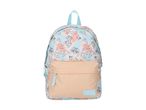 A pastel floral backpack with a peach-colored bottom compartment.