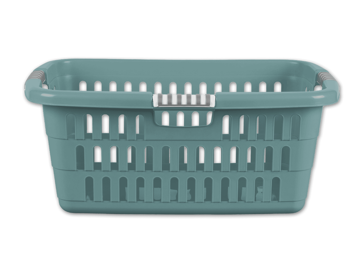Ein blauer Wäschekorb aus Plastik mit zwei Griffen.