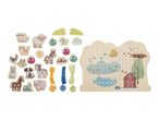 Wooden farm-themed lacing toy with animal and nature pieces, strings, and a pegboard.