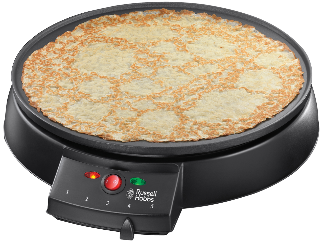 Aparat de clătite Russell Hobbs cu o clătită pe plită.