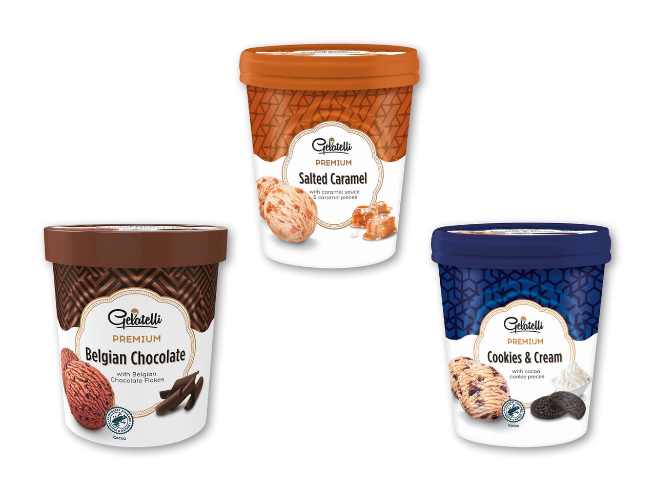 Tre Gelatelli isbøtter: Salted Caramel, Belgian Chocolate og Cookies & Cream.