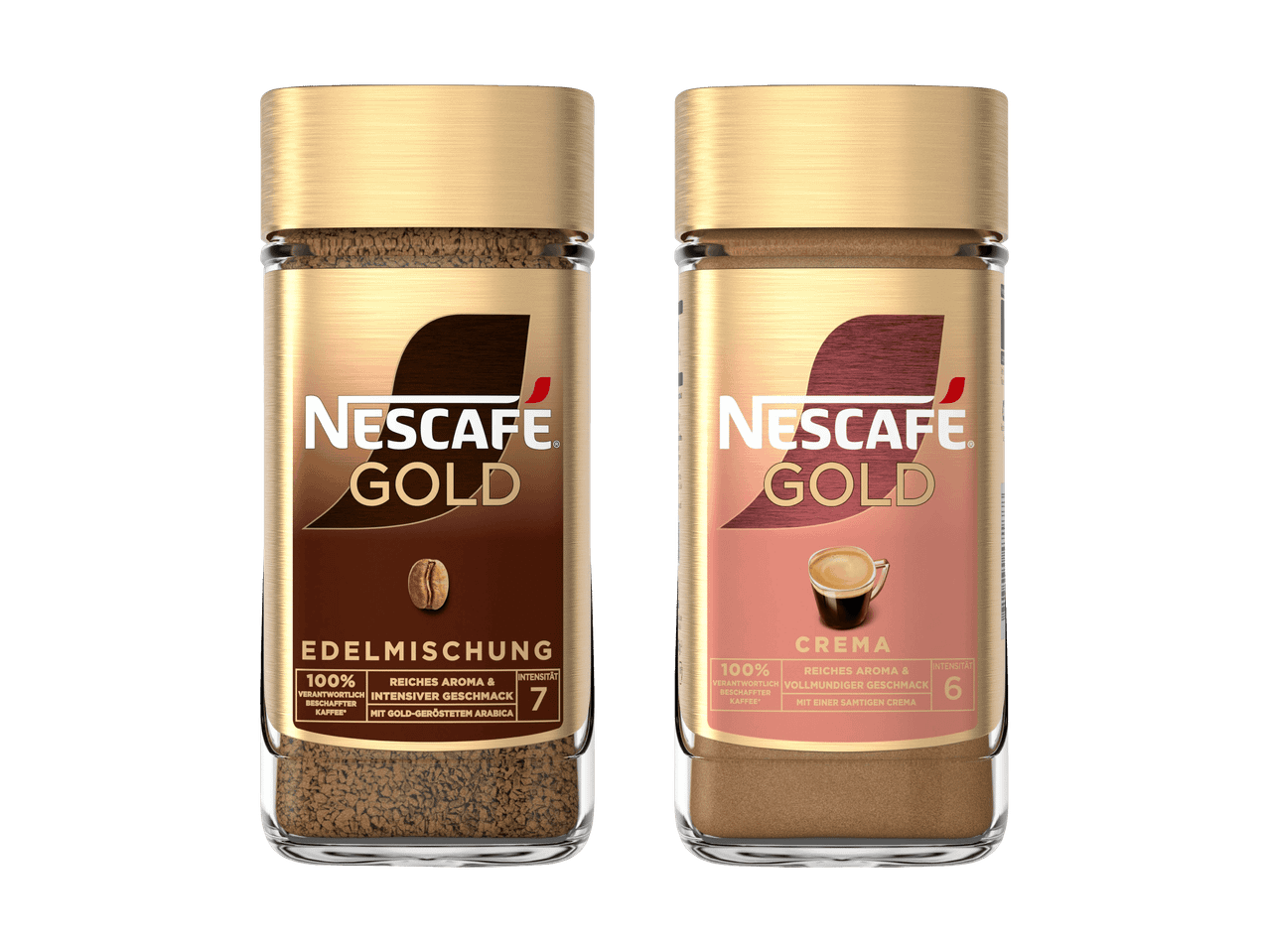 Zwei Gläser Nescafé Gold Instantkaffee: Edel Mischung (Intensität 7) und Crema (Intensität 6).