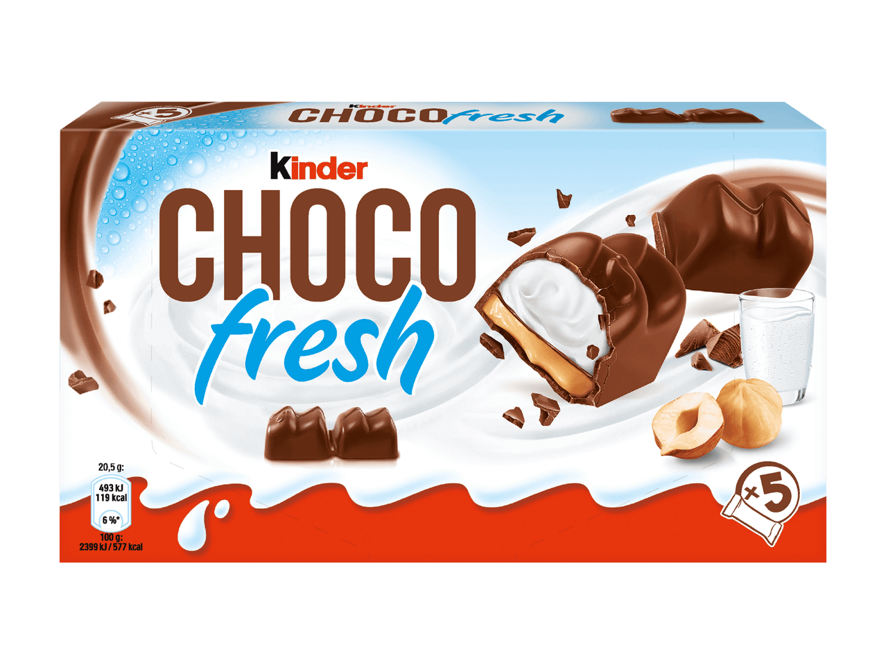 Kinder Choco Fresh Schokoladenriegel mit cremiger Füllung und Haselnüssen.
