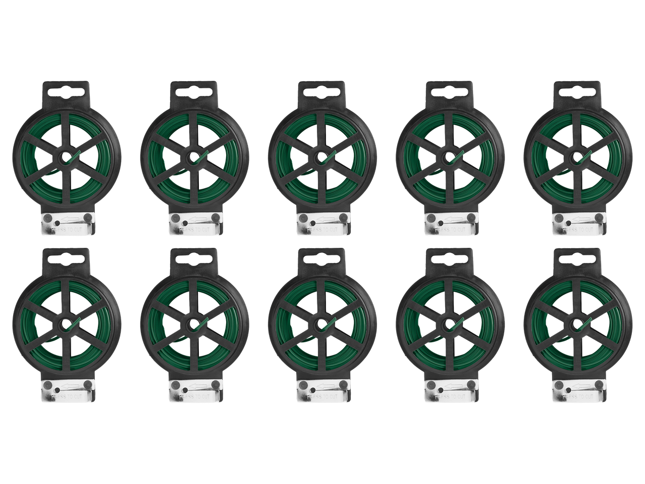 Tíz tekercs zöld drót, mindegyiken „PRESS TO CUT” felirat látható.
