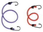 Two bungee cords, one blue and one red, with black hooks on a black background.