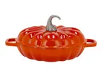 Orange pumpkin-shaped cast iron casserole dish with a silver stem handle