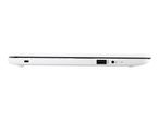 Side view of a white laptop showing a USB port, headphone jack, and indicator lights.