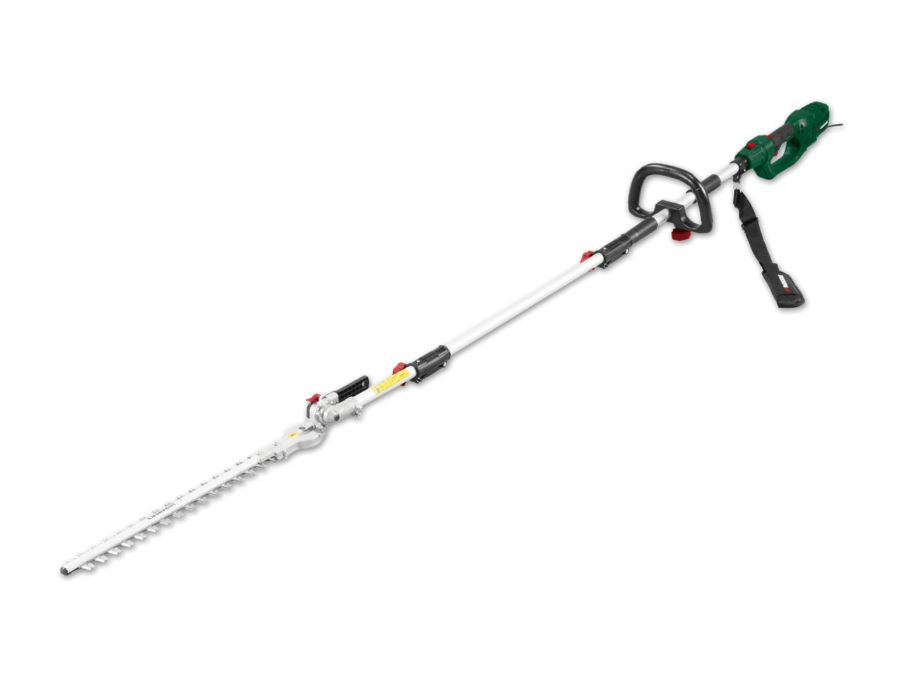 Grüne elektrische Heckenschere mit langem Stiel und weißer Klinge