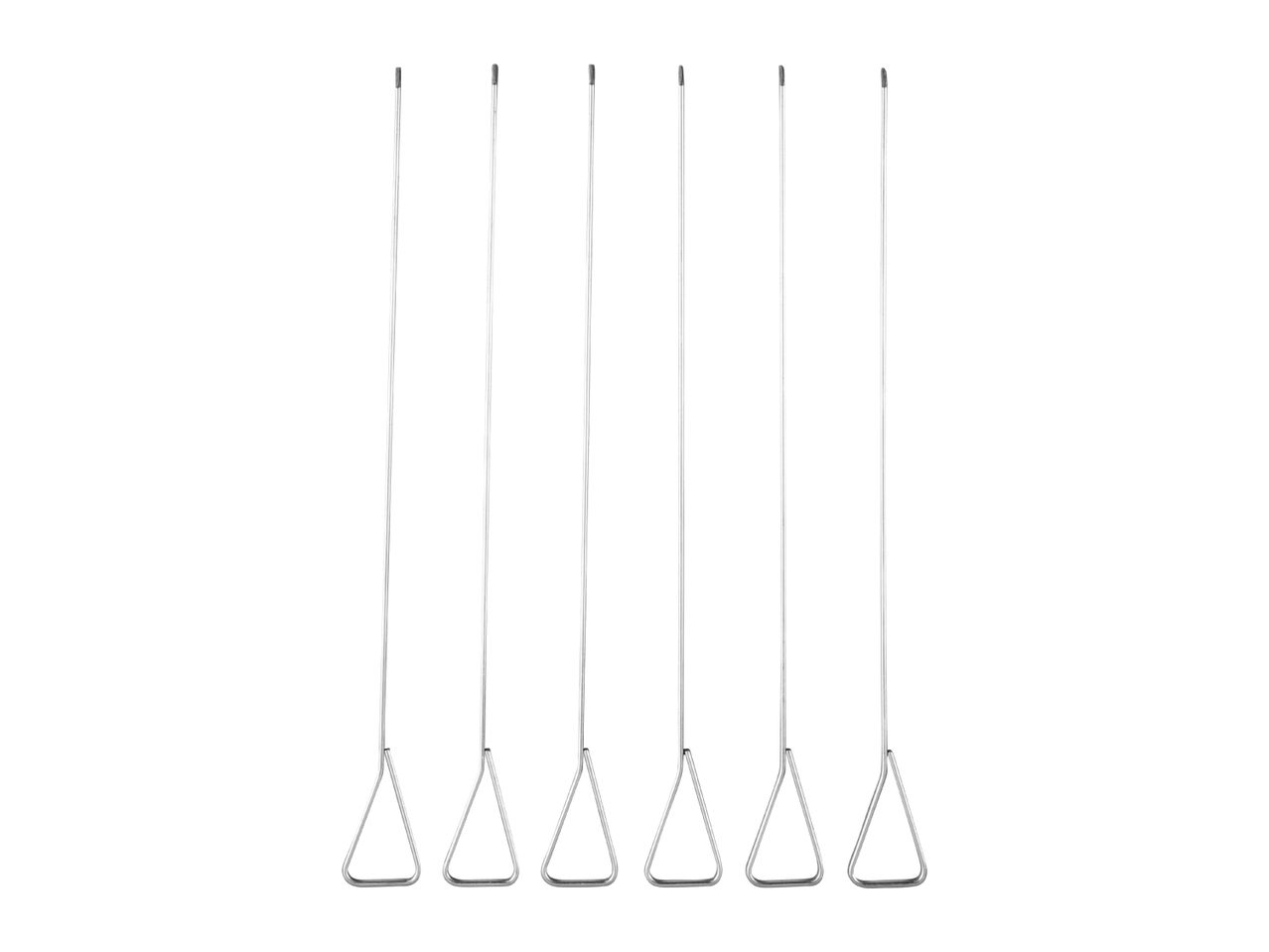 Six metal skewers with triangular handles, arranged vertically on a white background.