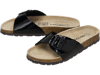Pair of black patent leather slide sandals with cork footbeds, one with a visible buckle.