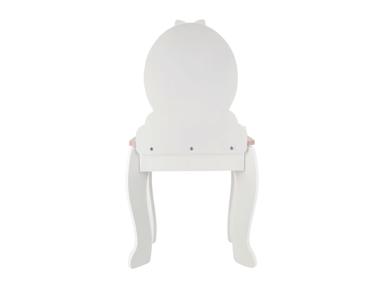White wooden chair with a rounded backrest and curved legs, seen from the back.