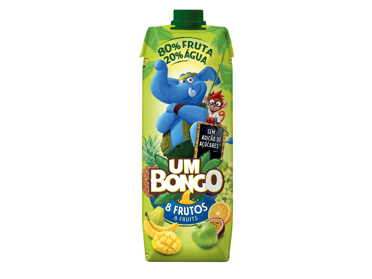 Bebida de fruta Um Bongo 8 Frutas com 80% fruta e 20% água, sem adição de açúcares.