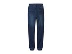 Dark blue denim joggers with an elasticated waistband and cuffed ankles, viewed from the back.