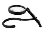 Black magnifying glass with a foldable stand on a white background.